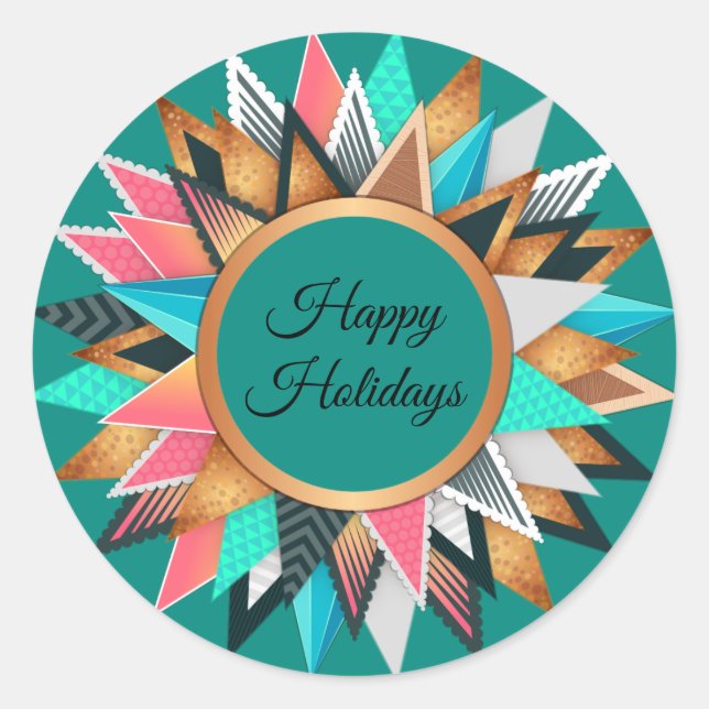 Happy Holidays Artistic Evergreen Trees Classic Round Sticker (Front)
