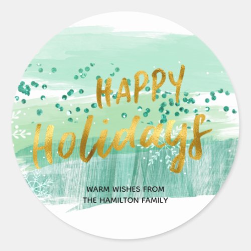Happy Holidays Artsy Green Watercolor Gold Classic Round Sticker