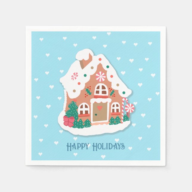 Happy Holidays Baby Blue Snowy Gingerbread House Napkins (Front)