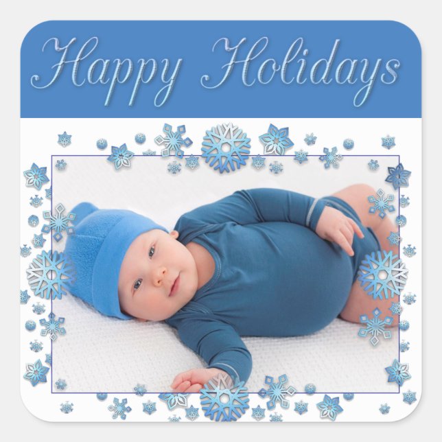 Happy Holidays Baby Photo Blue Snowflake Sticker (Front)