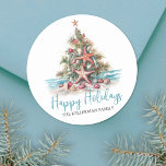 Happy Holidays Beach Christmas Tree Classic Round Sticker<br><div class="desc">Beach Christmas Tree Classic Round Sticker. Spread some coastal cheer with this festive round sticker featuring a beach-inspired Christmas tree made of seashells and topped with a starfish. Perfect for sending beachy holiday wishes, this sticker is great for anyone living in tropical places like Hawaii or for those who love...</div>