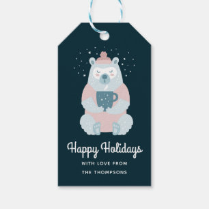 Happy Holidays Bear Holding Mug Personalized Gift Tags