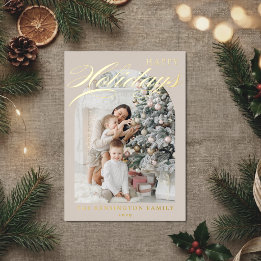 Happy Holidays Beige Gold Foil Arch Photo Holiday Card