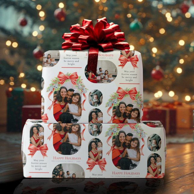 Happy Holidays bells bows watercolor photo  Wrapping Paper (Creator Uploaded)