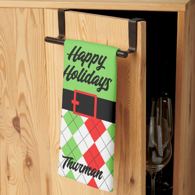 Happy Holidays Belt and Argyle Green Kitchen Towel (Thirds Fold)
