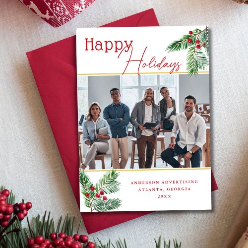 Happy Holidays Berry Branches Photo Business Holiday Card