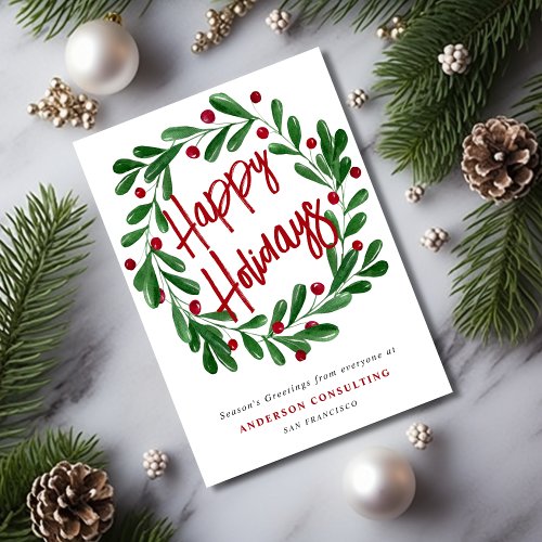 Happy Holidays Berry Wreath Corporate Business Holiday Card