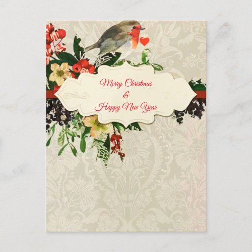 Happy Holidays Bird Greenery Red Ribbons Heart Holiday Postcard