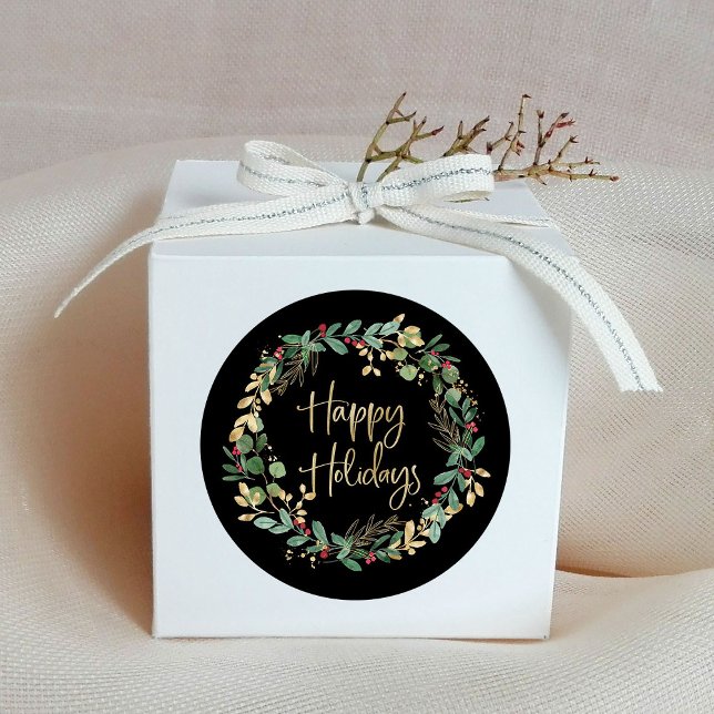 Happy Holidays | Black and Modern Faux Gold Wreath Classic Round Sticker (Elegant black holiday stickers with a green and faux gold wreath)