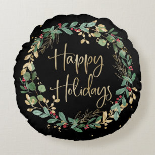 Happy Holidays   Black and Modern Faux Gold Wreath Round Pillow