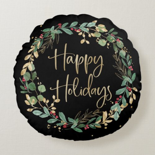 Happy Holidays  Black and Modern Faux Gold Wreath Round Pillow