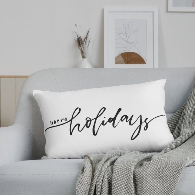 Happy Holidays Black and White Buffalo Check Plaid Lumbar Pillow (Creator Uploaded)