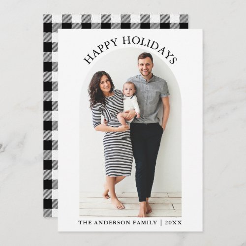Happy Holidays Black and White Plaid Photo Arch Holiday Card