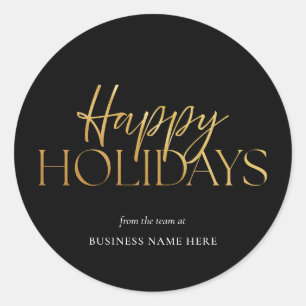 Happy Holidays Black Gold Business Christmas Classic Round Sticker