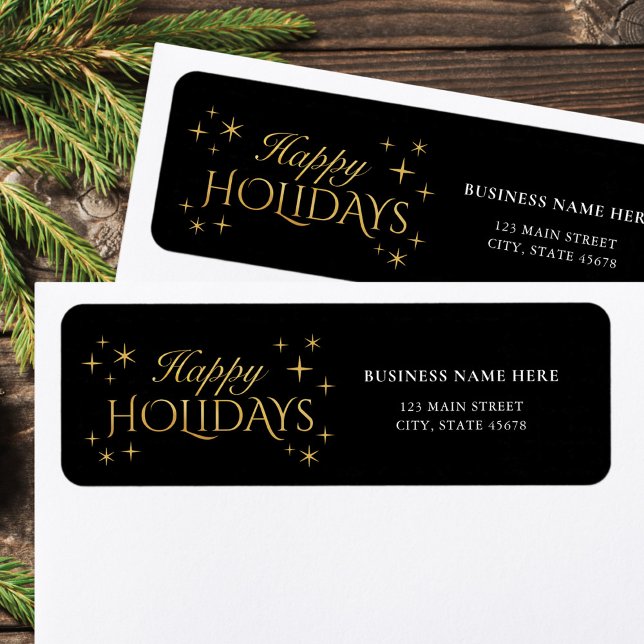 Happy Holidays Black Gold Business Return Address Label (Creator Uploaded)