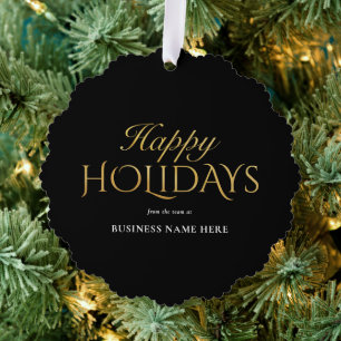 Happy Holidays Black Gold Elegant Modern Business Ornament Card