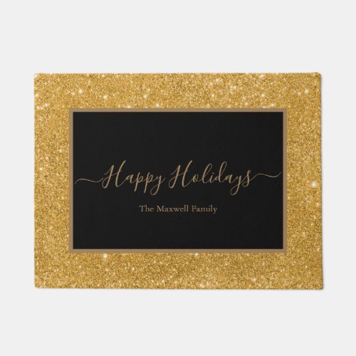 Happy Holidays black gold glitter family name  Doormat