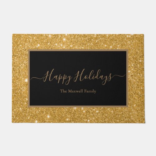 Happy Holidays black gold glitter family name  Doormat