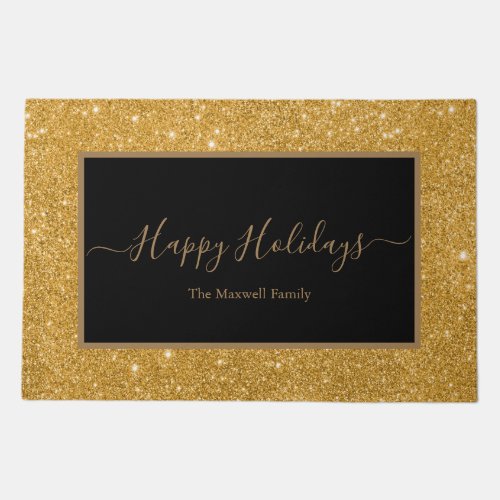 Happy Holidays black gold glitter family name  Doormat