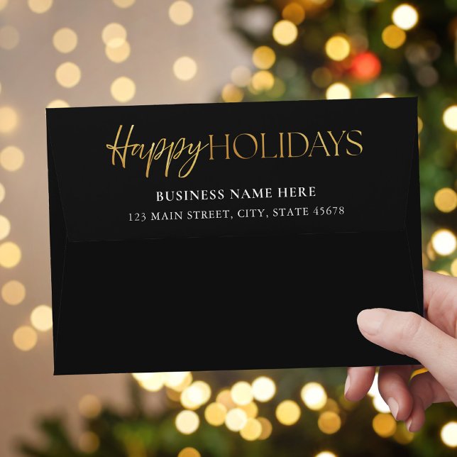 Happy Holidays Black Gold Return Address Envelope (Creator Uploaded)