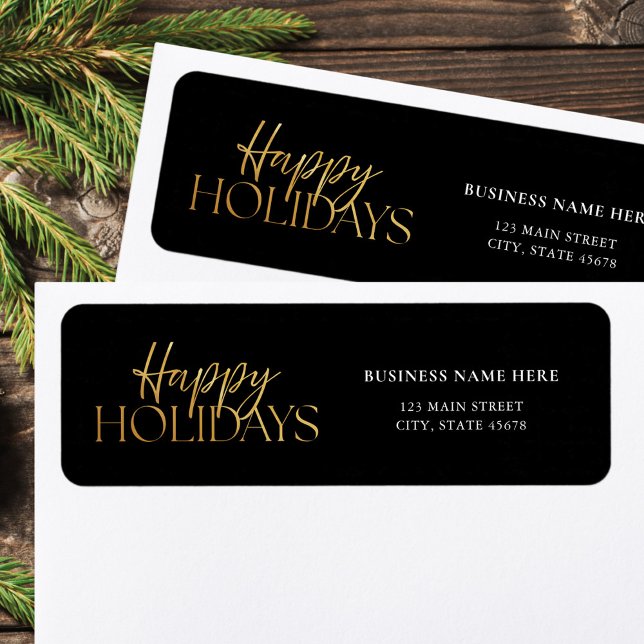 Happy Holidays Black Gold Return Address Label (Creator Uploaded)