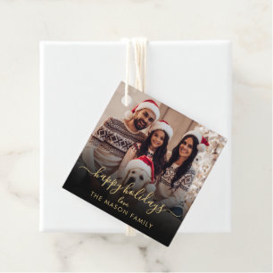 Happy Holidays Black Gold Script Family Photo Favor Tags