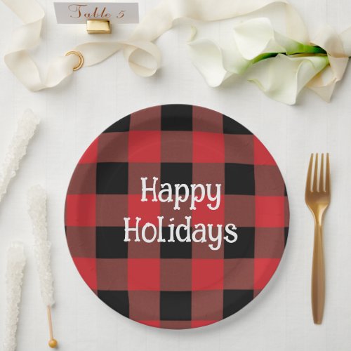 Happy Holidays Black  Red Plaid Paper Plates