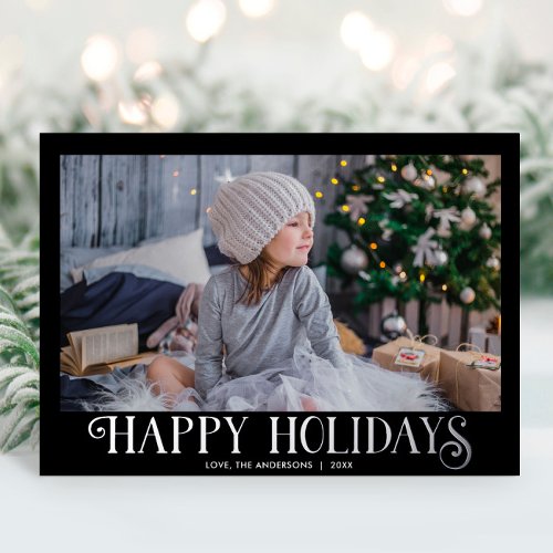 Happy Holidays black silver Modern one photo Foil Holiday Card