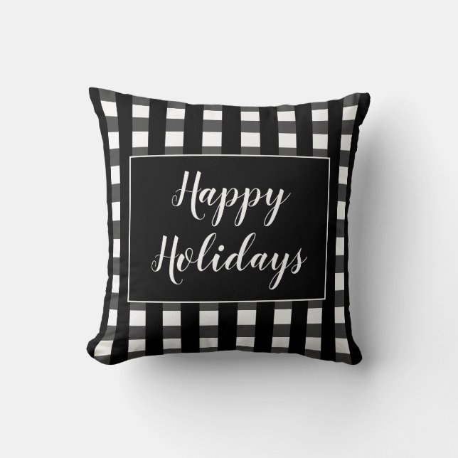 Happy Holidays Black White Plaid Christmas Throw Pillow (Front)