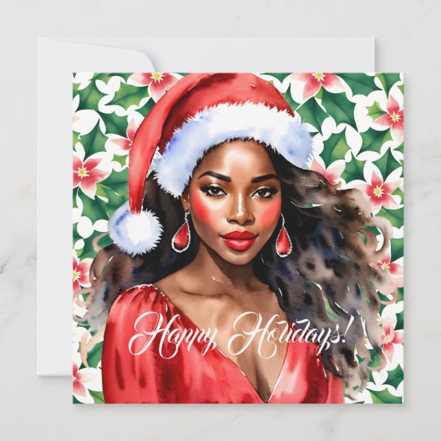 Happy Holidays Black Woman Santa Hat Holiday Card (Front)