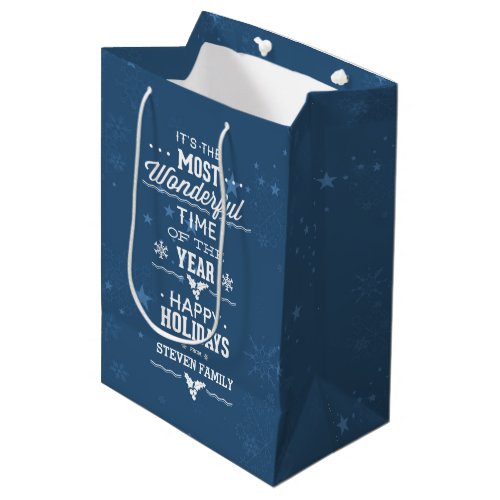 Happy Holidays Blue And White Text Design Medium Gift Bag