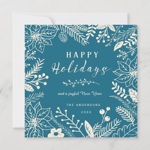 HAPPY HOLIDAYS BLUE BOTANICAL SQUARE PHOTO COLLAGE HOLIDAY CARD