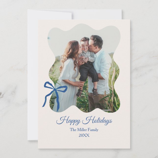 Happy Holidays Blue Bow Coquette 4-Photo Holiday Card (Front)
