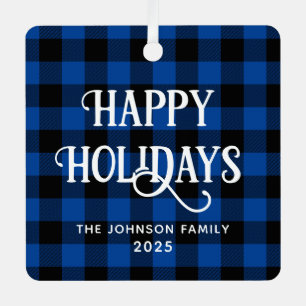 Happy Holidays Blue Buffalo Plaid Family Photo Metal Ornament
