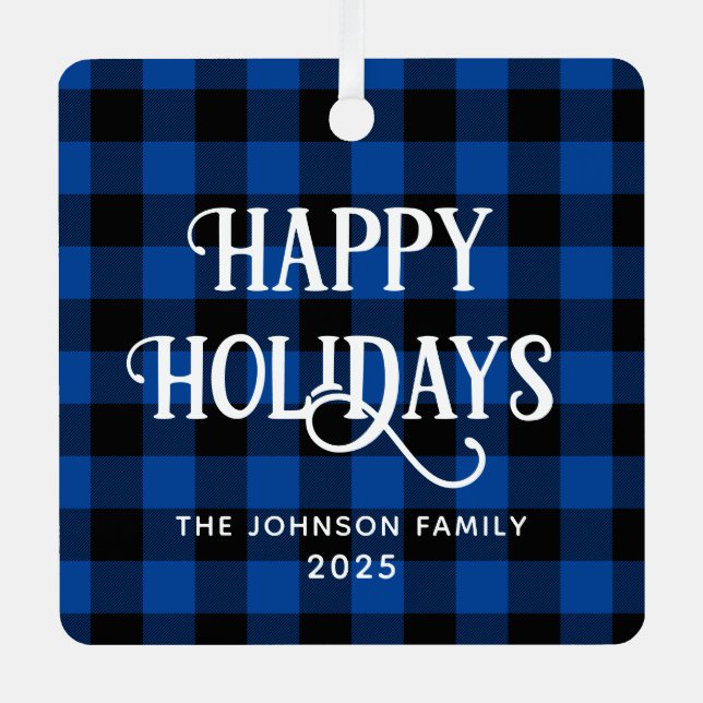 Happy Holidays Blue Buffalo Plaid Family Photo Metal Ornament (Front)