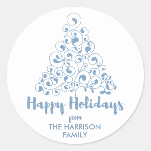 Happy Holidays Blue Glitter Christmas Tree Classic Round Sticker