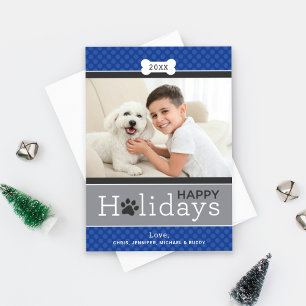 Happy Holidays Blue Paw Print Pet Photo Holiday Card