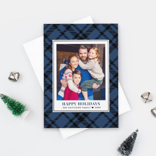 Happy Holidays Blue Plaid Photo Frame Holiday Card