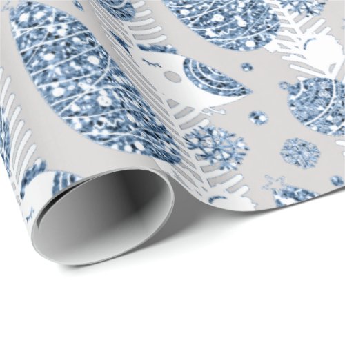 Happy Holidays Blue  Silver Glitter White Ball Dec Wrapping Paper