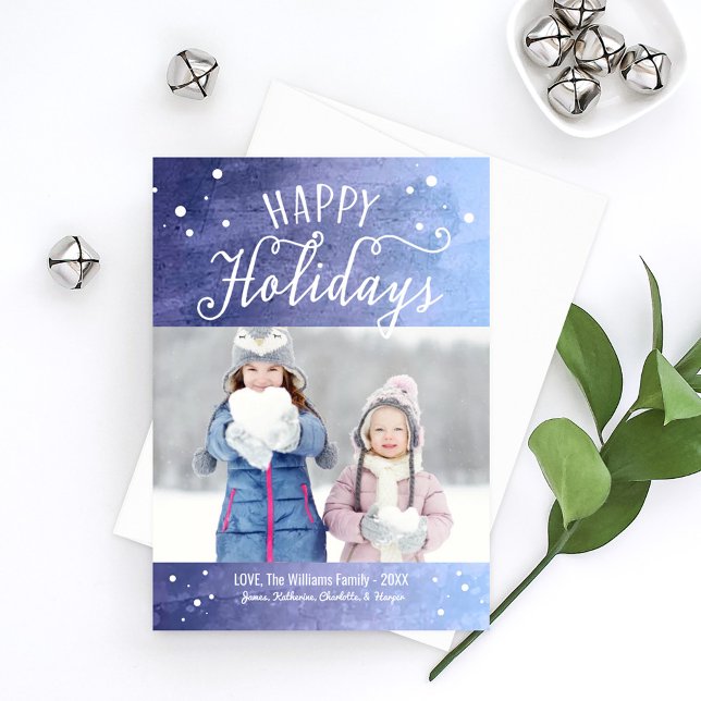 Happy Holidays Blue Snow Photo Holiday Card (Creator Uploaded)
