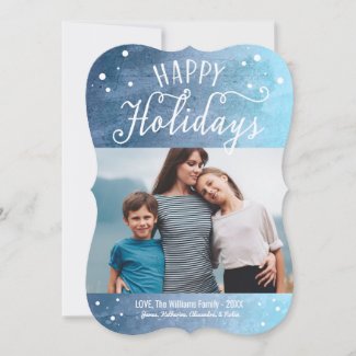 Happy Holidays | Blue Watercolor Photo Holiday Card