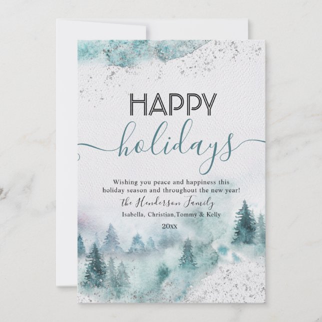 Happy Holidays Blue Watercolor Winter Forest Card (Front)