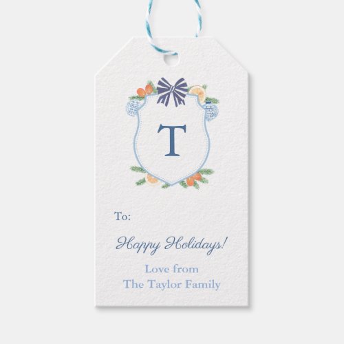  Happy Holidays Blue  White Citrus Monogram Crest Gift Tags