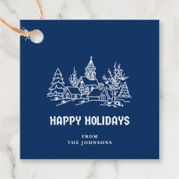 Happy Holidays | Blue & White Customizable Family Favor Tags