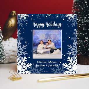 Happy Holidays Blue & White Snowflakes Photo Holiday Card