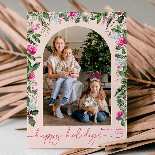 Happy Holidays Blush Pink Greenery Arch 1 Photo Holiday Card