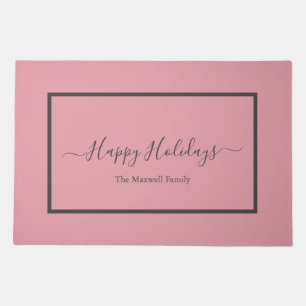 Happy Holidays blush pink script family name Doormat