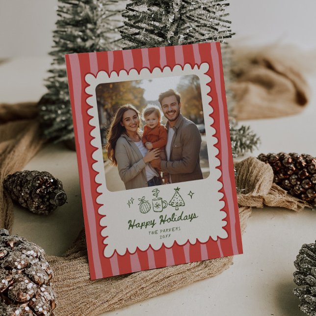 Happy Holidays Blush Red Whimsical Photo Holiday Card (Creator Uploaded)