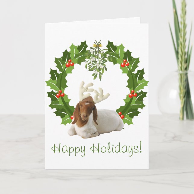 Happy Holidays Boer Goat in Wreath Holiday Card (Front)