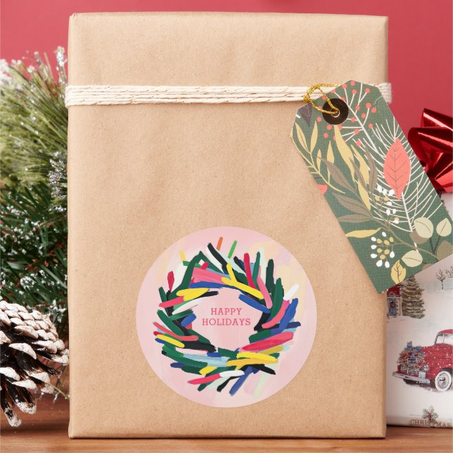 Happy Holidays Bold Colorful Christmas Wreath Classic Round Sticker (Holiday)